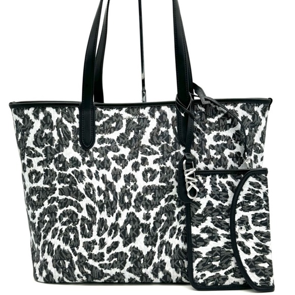 Michael Kors XL East West Tote Bag Leopard Print Black Multi - Picture 1 of 12